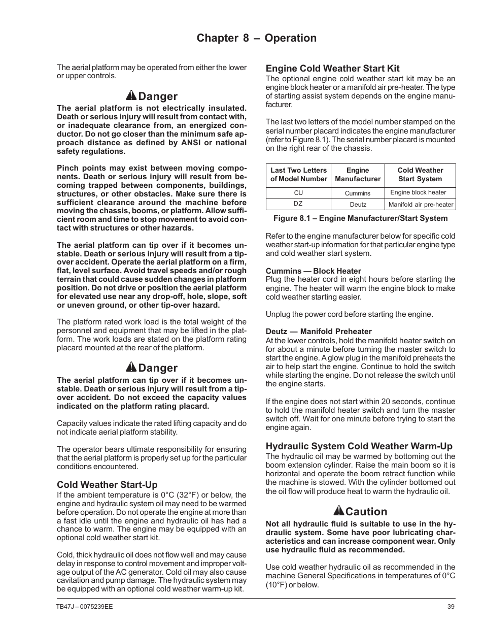 Chapter 8 – operation, Danger, Caution | Snorkel TB47J CE User Manual | Page 43 / 66