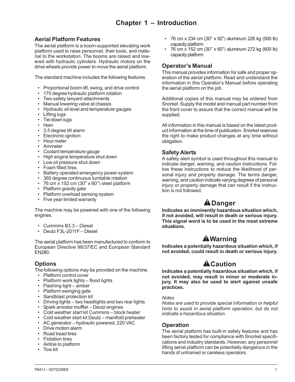Chapter 1 – introduction, Danger, Warning | Caution | Snorkel TB47J CE User Manual | Page 5 / 66