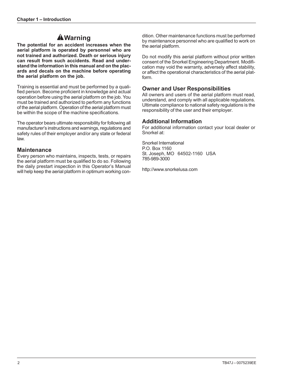 Warning | Snorkel TB47J CE User Manual | Page 6 / 66
