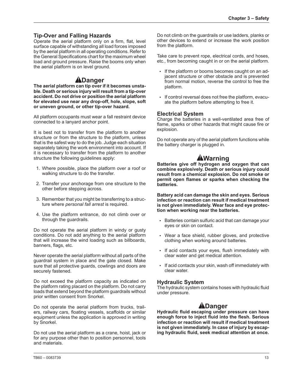 Tip-over and falling hazards, Electrical system, Hydraulic system | Danger, Warning | Snorkel TB60 2014 User Manual | Page 17 / 84