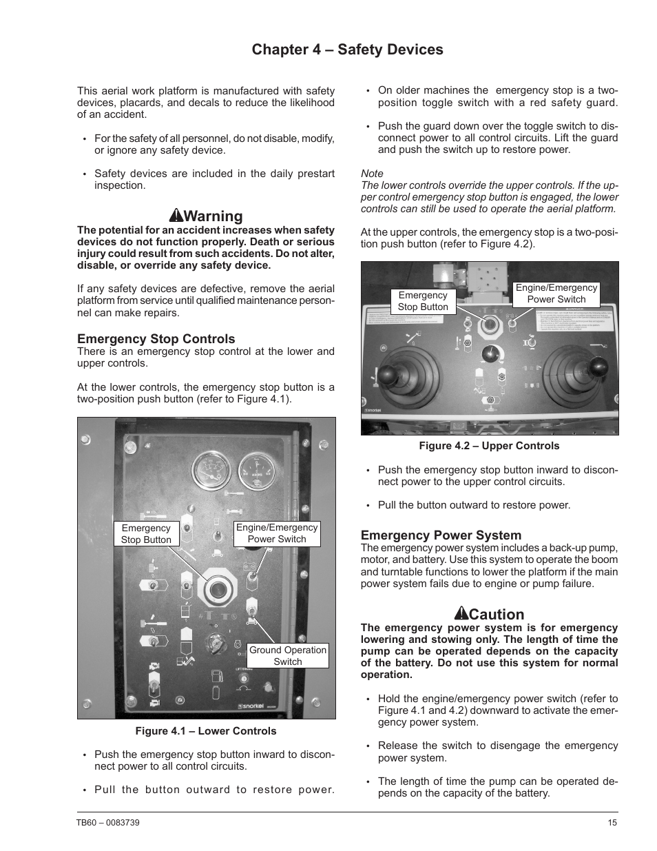 Chapter 4 – safety devices, Emergency stop controls, Emergency power system | Warning, Caution | Snorkel TB60 2014 User Manual | Page 19 / 84