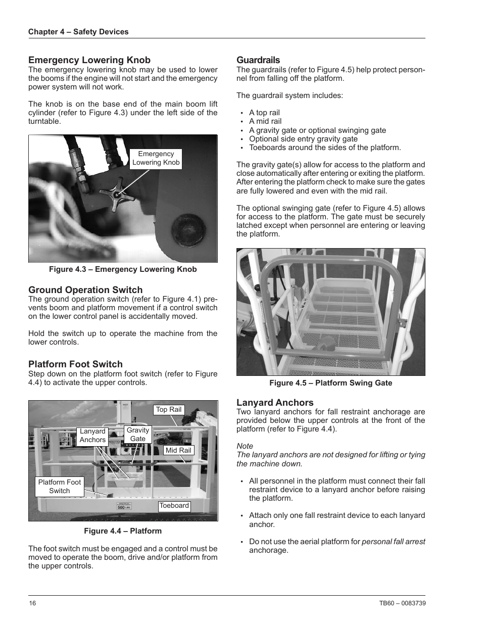 Emergency lowering knob, Ground operation switch, Platform foot switch | Guardrails, Lanyard anchors | Snorkel TB60 2014 User Manual | Page 20 / 84