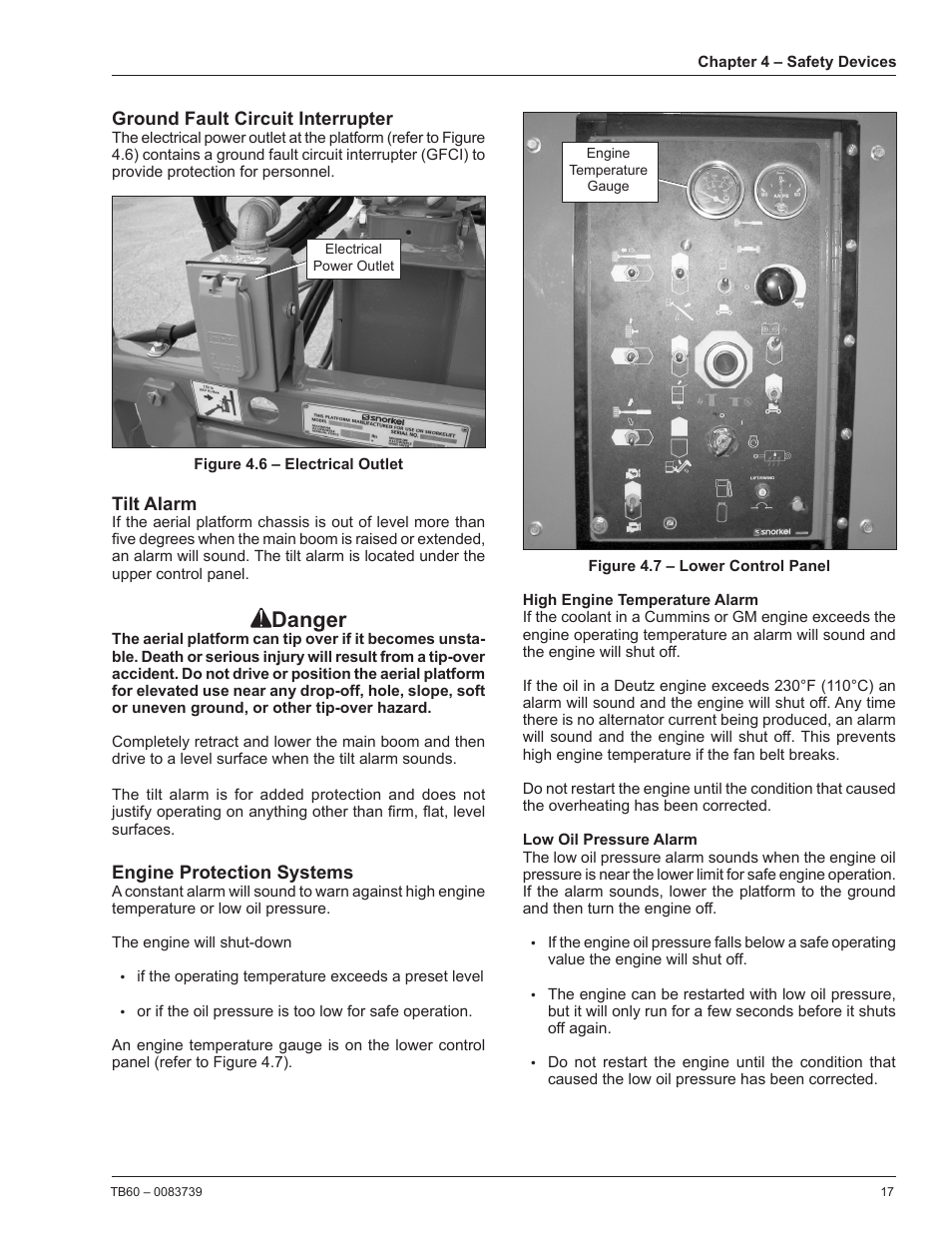 Ground fault circuit interrupter, Tilt alarm, Engine protection systems | High engine temperature alarm, Low oil pressure alarm, Danger | Snorkel TB60 2014 User Manual | Page 21 / 84