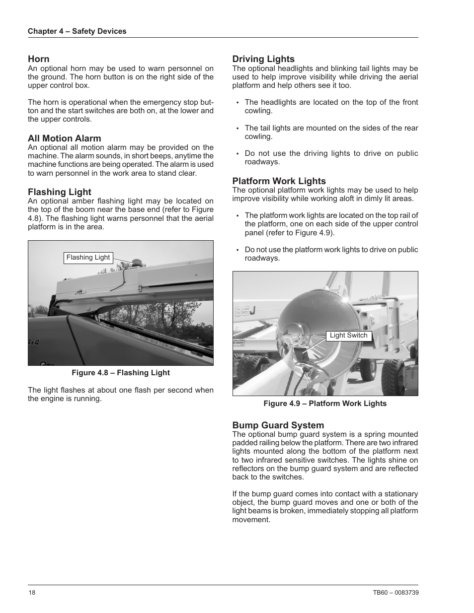 Horn, All motion alarm, Flashing light | Driving lights, Platform work lights | Snorkel TB60 2014 User Manual | Page 22 / 84