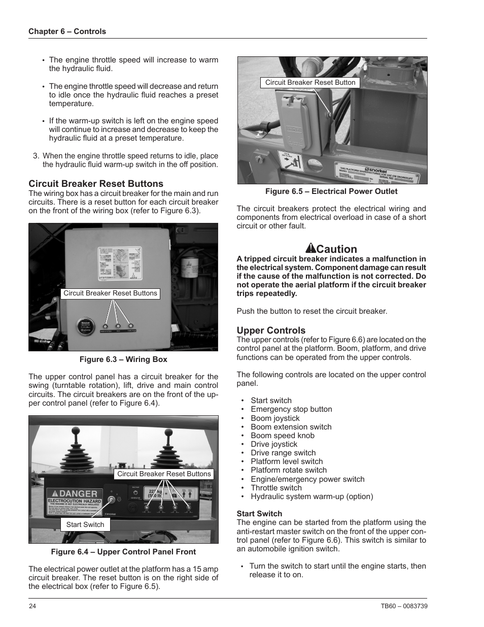 Circuit breaker reset buttons, Upper controls, Caution | Snorkel TB60 2014 User Manual | Page 28 / 84