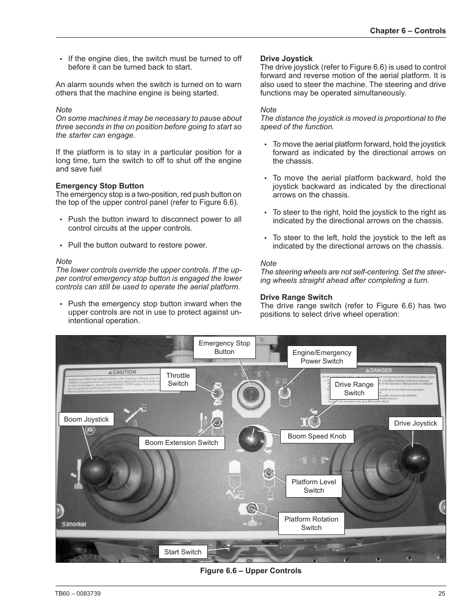 Start switch, Emergency stop button, Drive joystick | Snorkel TB60 2014 User Manual | Page 29 / 84