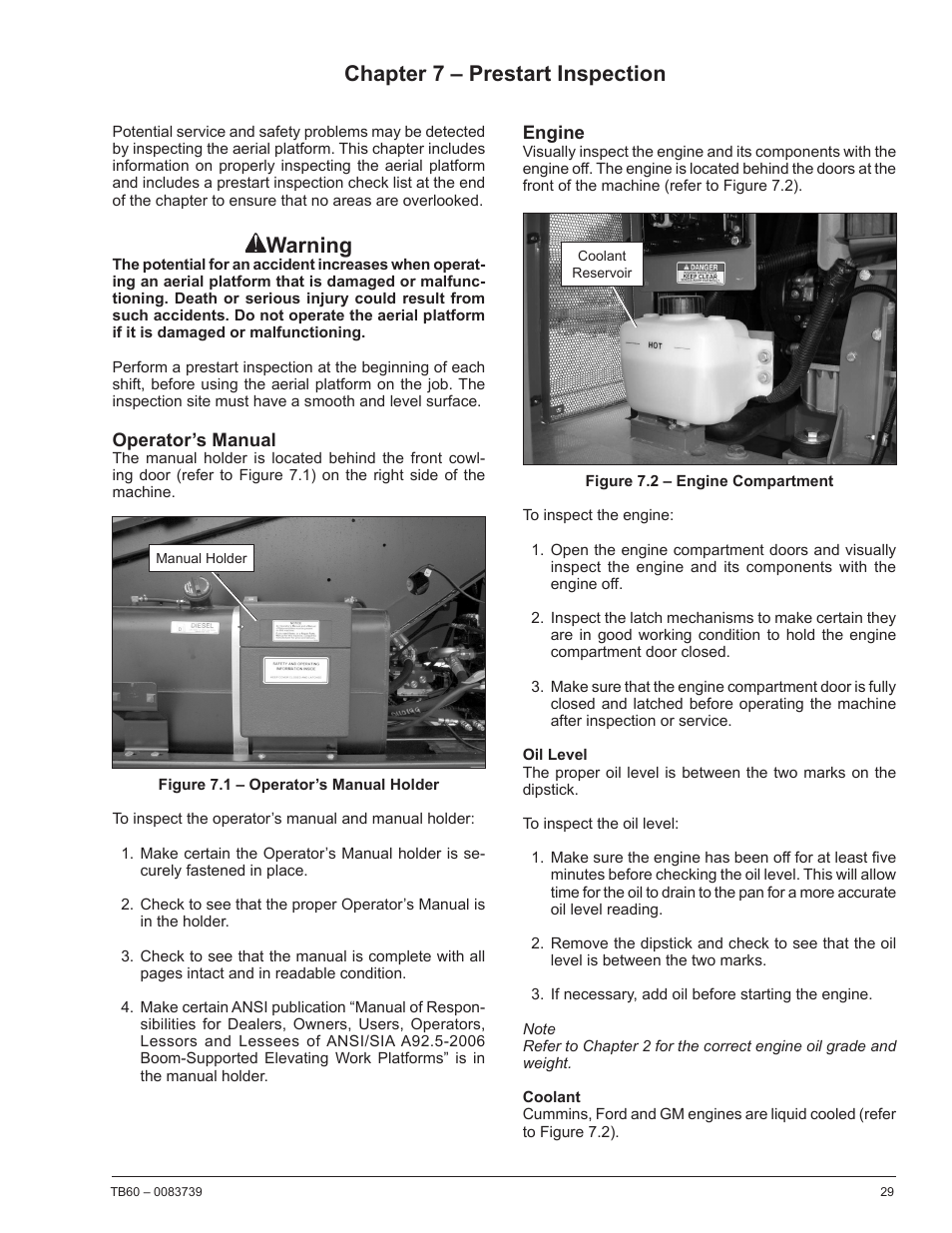 Chapter 7 – prestart inspection, Operator’s manual, Engine | Oil level, Coolant, Warning | Snorkel TB60 2014 User Manual | Page 33 / 84
