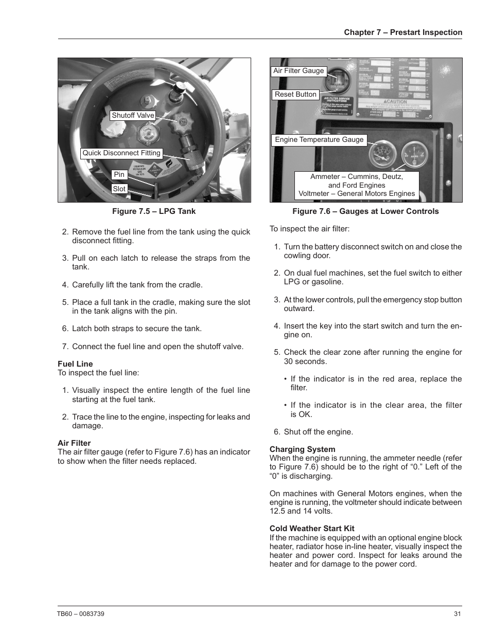 Fuel line, Air filter, Charging system | Cold weather start kit | Snorkel TB60 2014 User Manual | Page 35 / 84