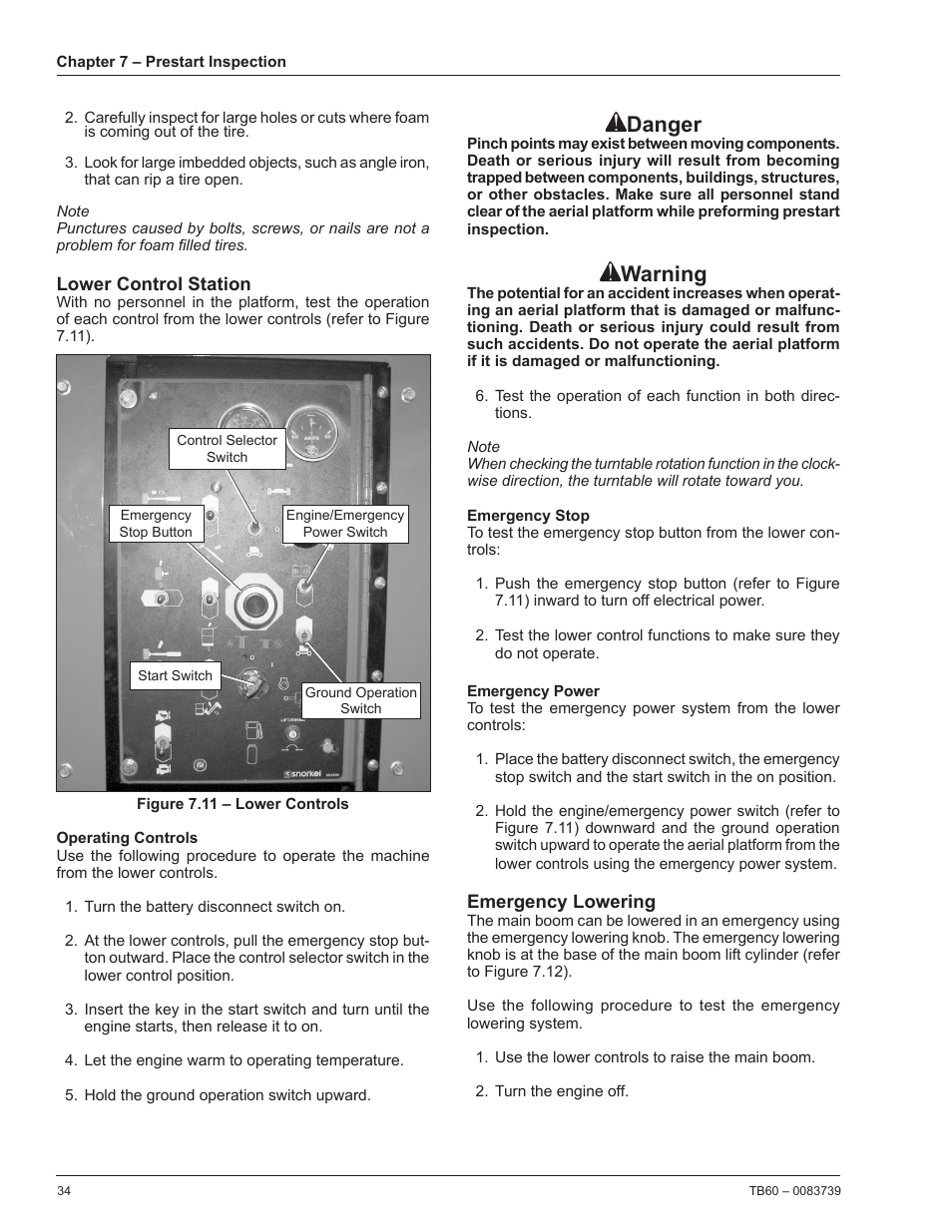 Lower control station, Operating controls, Emergency stop | Emergency power, Emergency lowering, Danger, Warning | Snorkel TB60 2014 User Manual | Page 38 / 84