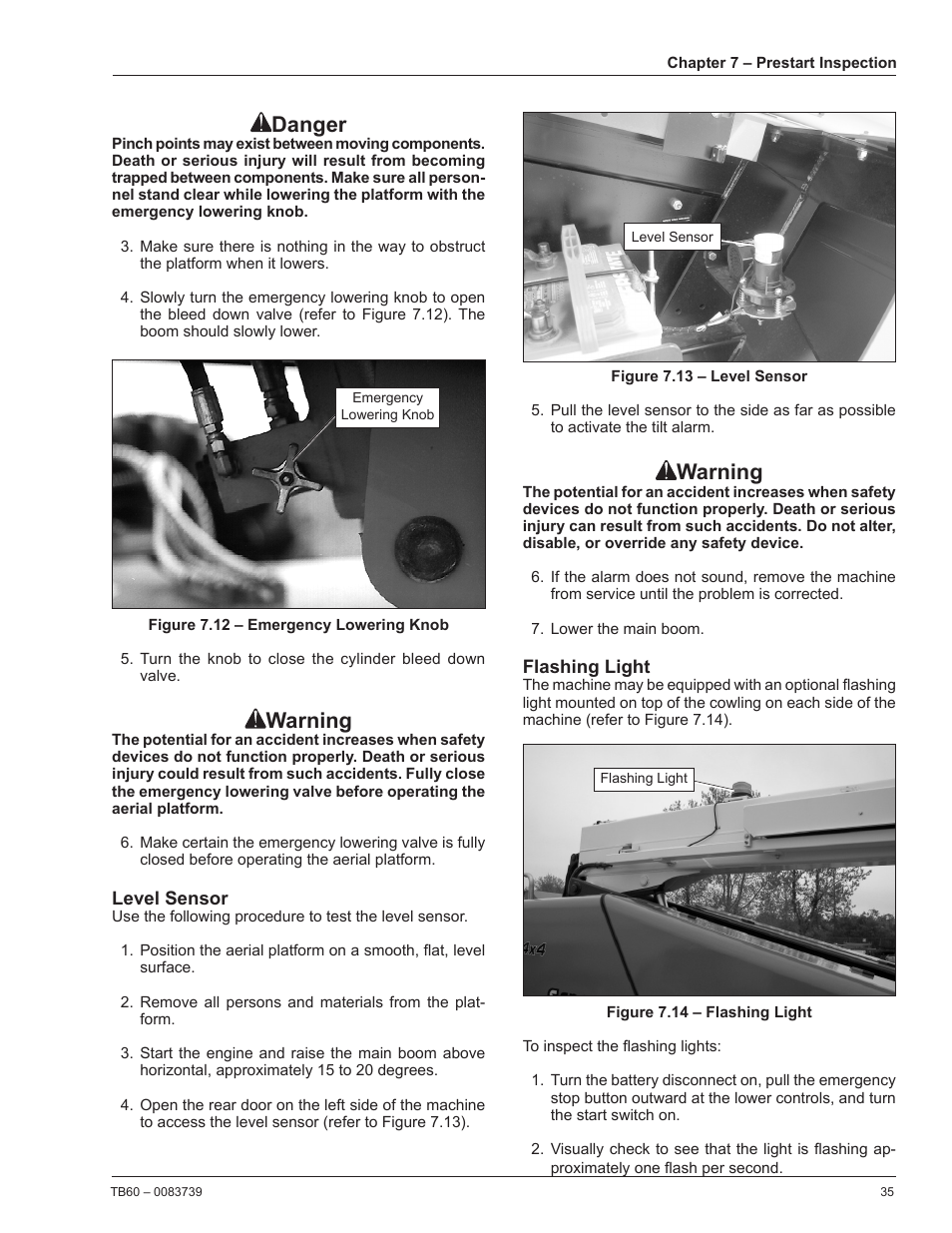 Level sensor, Flashing light, Danger | Warning | Snorkel TB60 2014 User Manual | Page 39 / 84