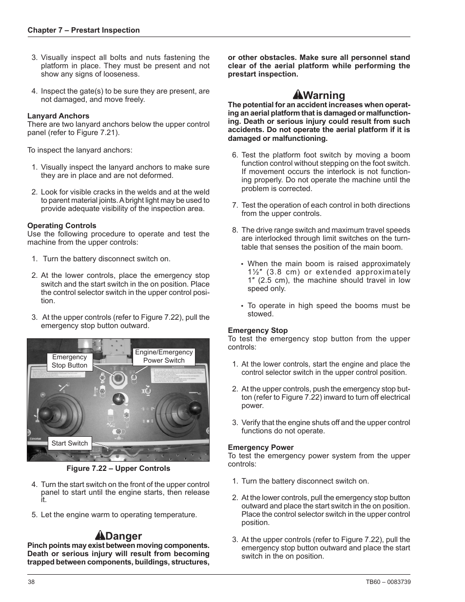 Lanyard anchors, Operating controls, Emergency stop | Emergency power, Danger, Warning | Snorkel TB60 2014 User Manual | Page 42 / 84