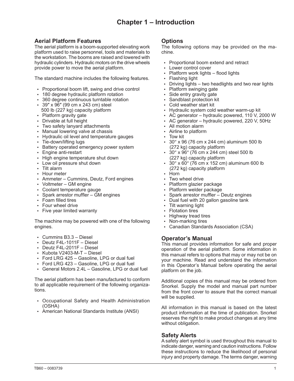 Chapter 1 – introduction, Aerial platform features, Options | Operator’s manual, Safety alerts | Snorkel TB60 2014 User Manual | Page 5 / 84