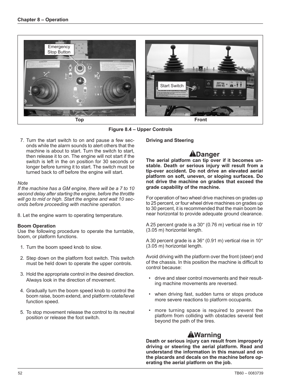 Boom operation, Driving and steering, Danger | Warning | Snorkel TB60 2014 User Manual | Page 56 / 84