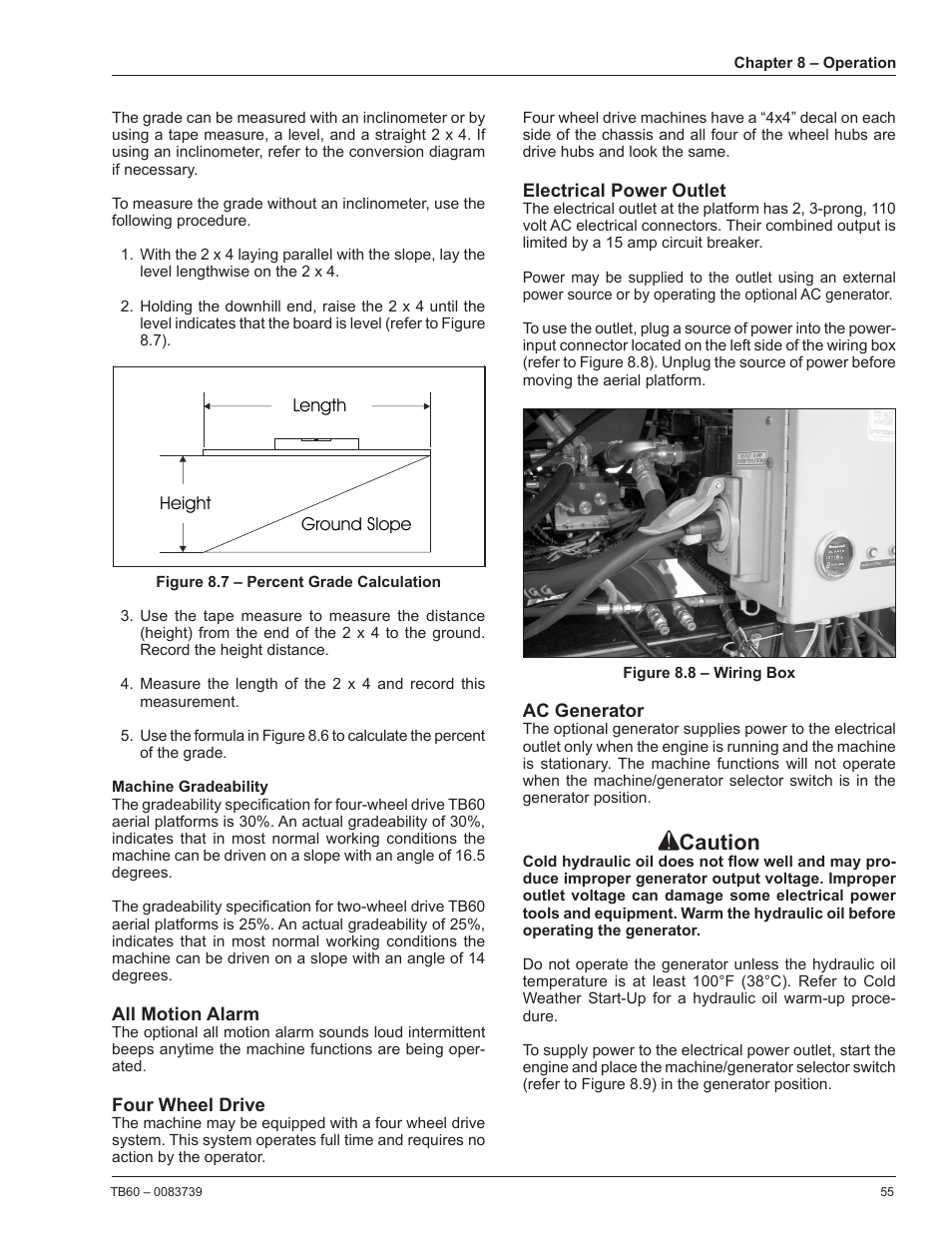 Machine gradeability, All motion alarm, Four wheel drive | Electrical power outlet, Ac generator, Caution | Snorkel TB60 2014 User Manual | Page 59 / 84