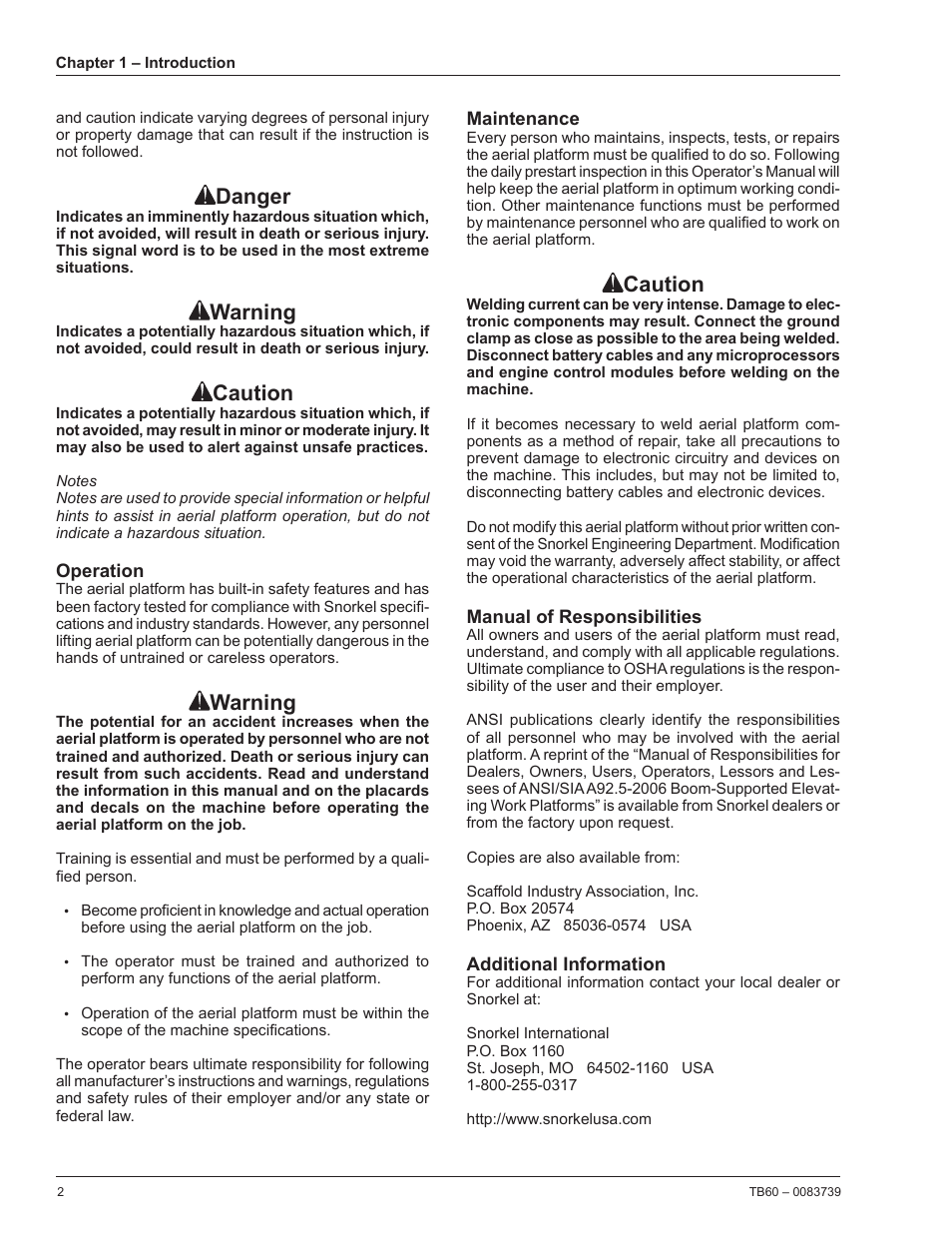 Operation, Maintenance, Manual of responsibilities | Additional information, Danger, Warning, Caution | Snorkel TB60 2014 User Manual | Page 6 / 84