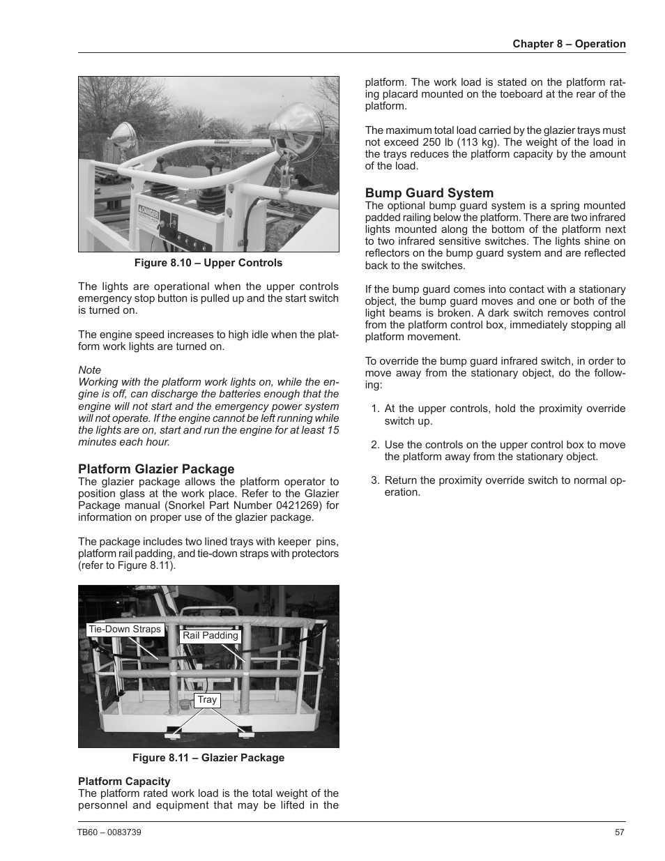 Platform glazier package, Platform capacity, Bump guard system | Snorkel TB60 2014 User Manual | Page 61 / 84