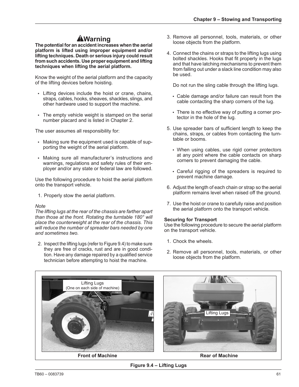 Securing for transport, Warning | Snorkel TB60 2014 User Manual | Page 65 / 84