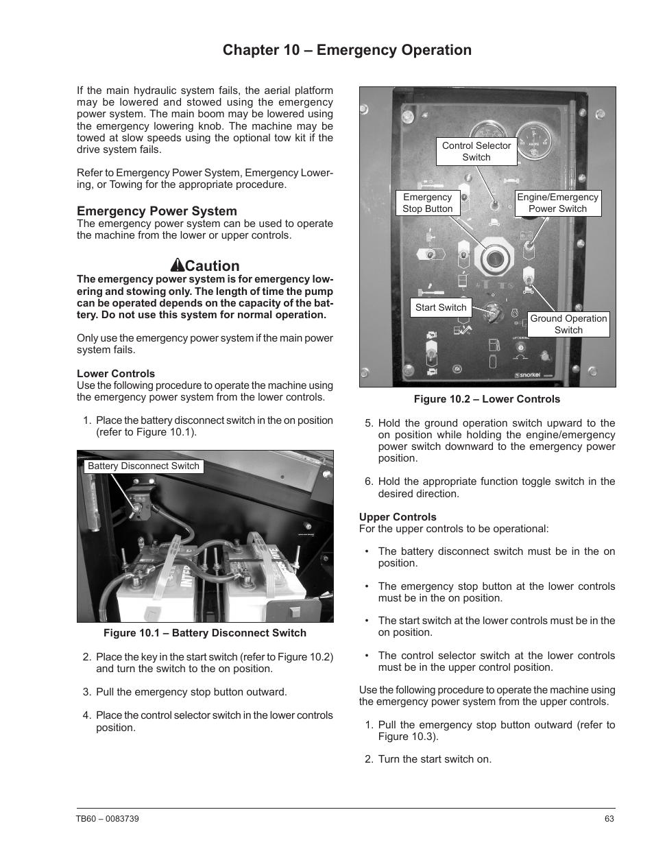 Chapter 10 – emergency operation, Emergency power system, Lower controls | Upper controls, Caution | Snorkel TB60 2014 User Manual | Page 67 / 84