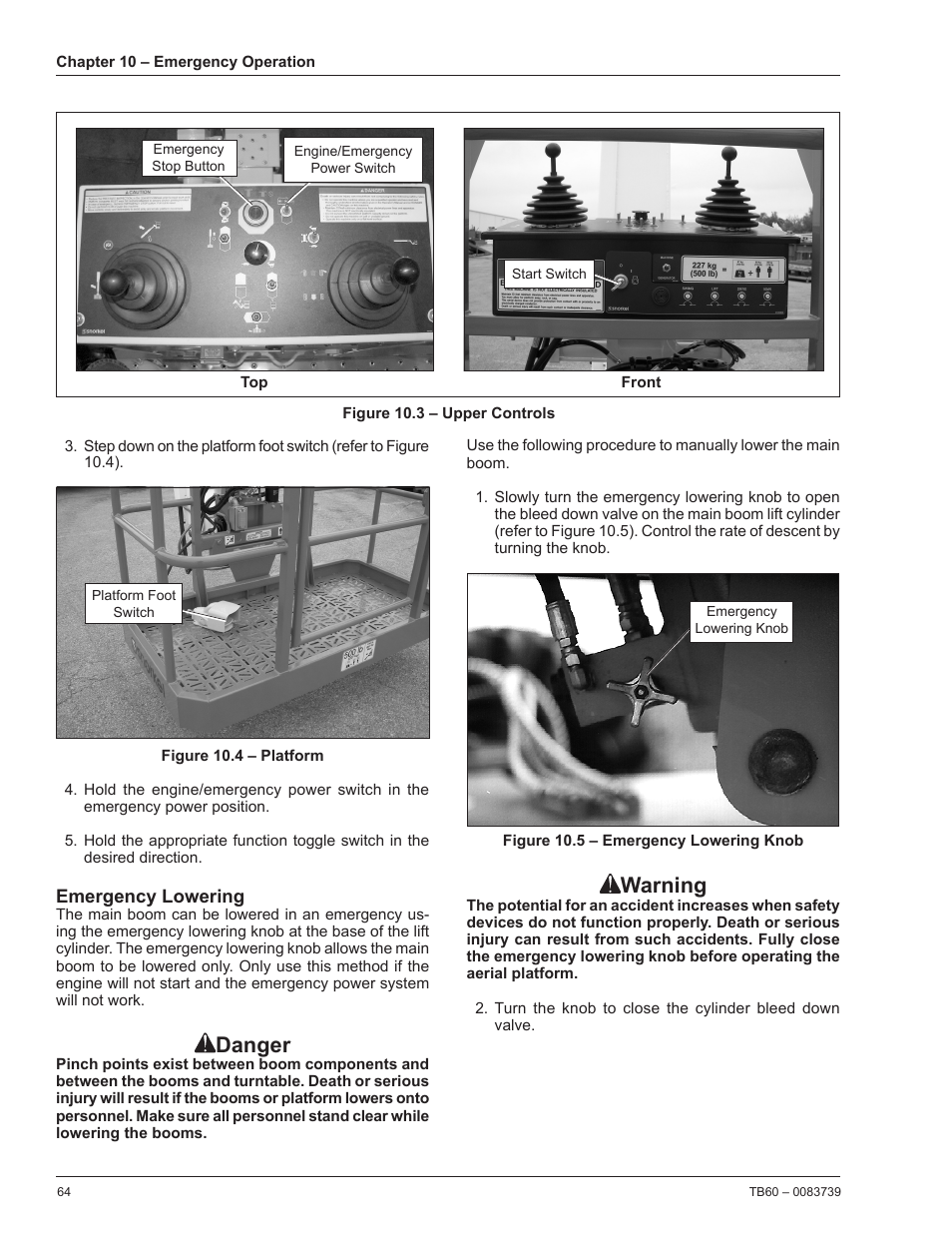 Emergency lowering, Danger, Warning | Snorkel TB60 2014 User Manual | Page 68 / 84