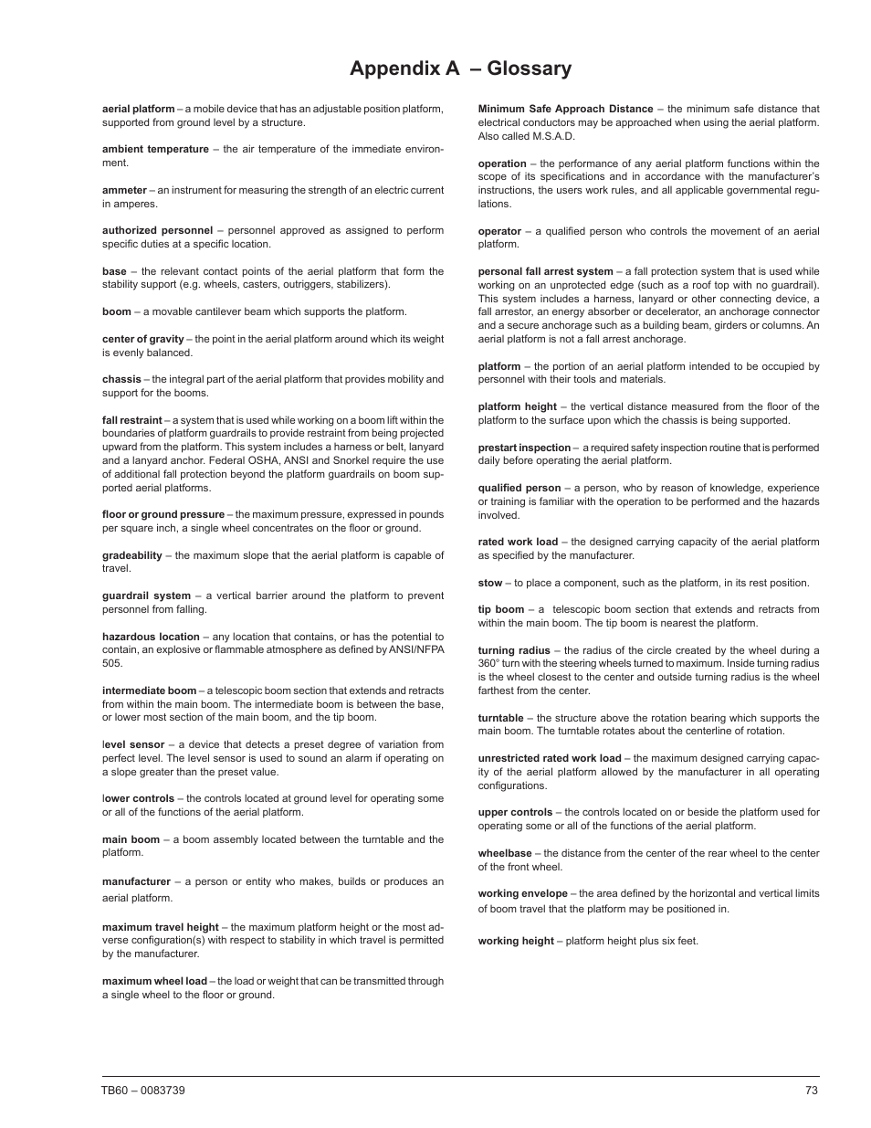 Appendix a – glossary | Snorkel TB60 2014 User Manual | Page 77 / 84