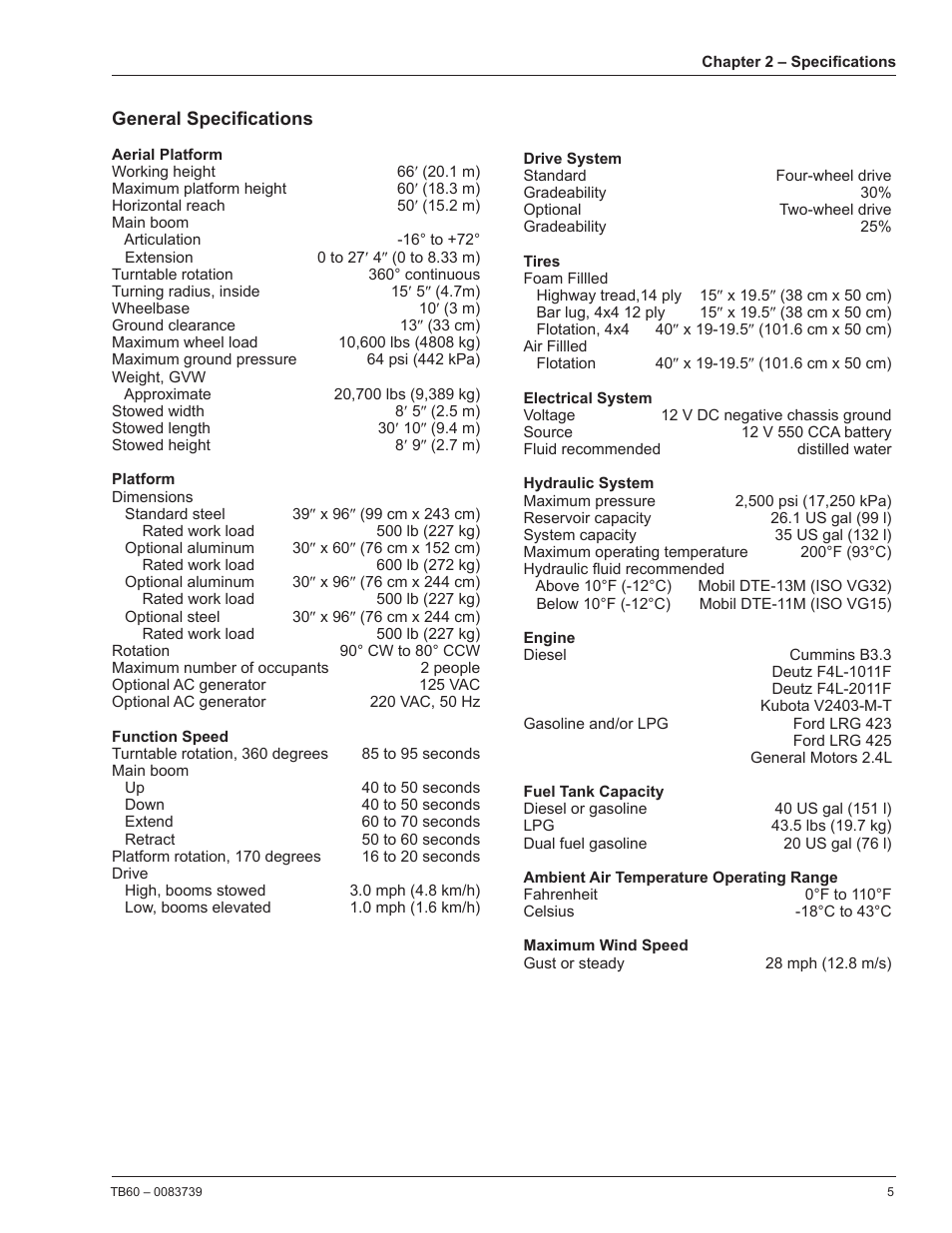 General specifications | Snorkel TB60 2014 User Manual | Page 9 / 84