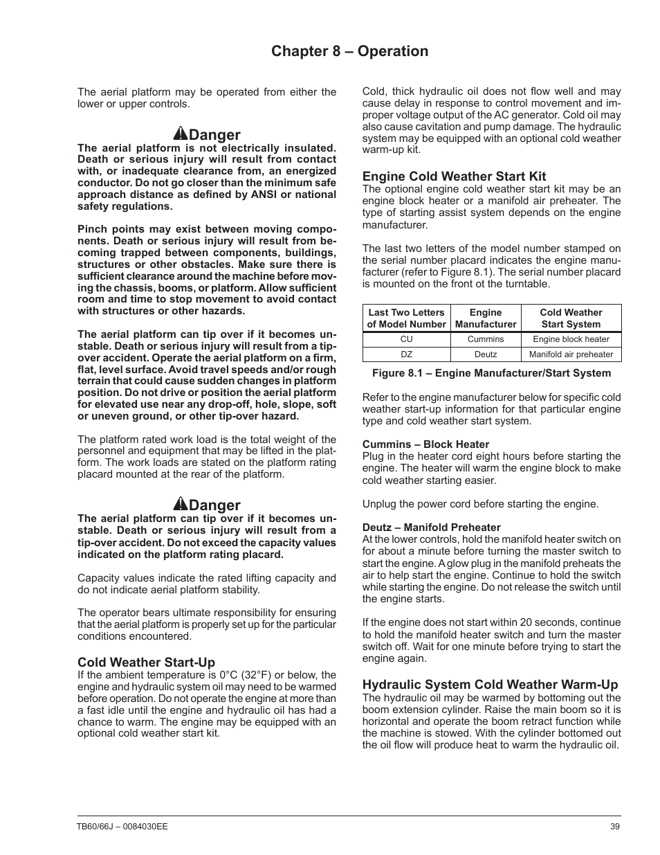 Chapter 8 – operation, Danger | Snorkel TB66J CE User Manual | Page 43 / 64