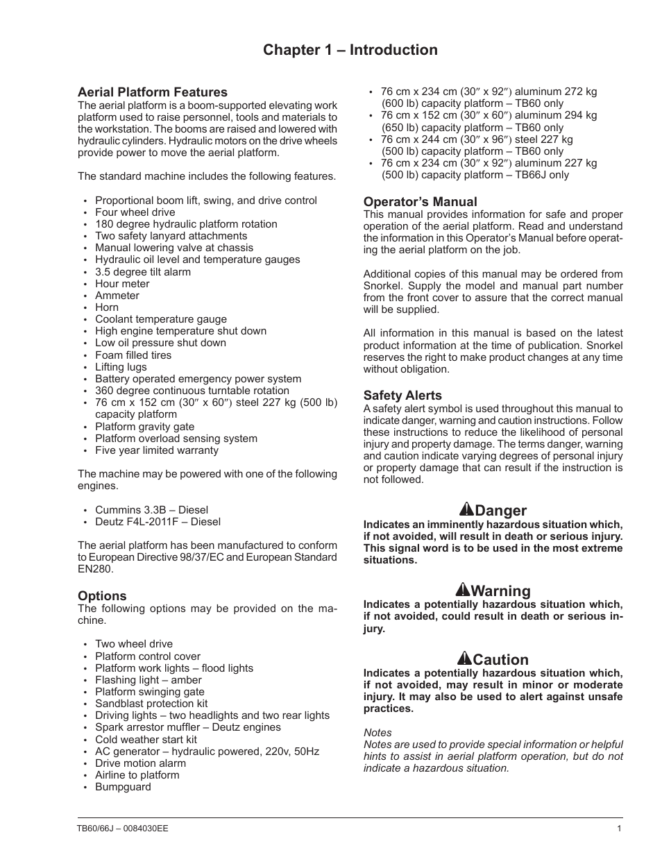 Chapter 1 – introduction, Danger, Warning | Caution | Snorkel TB66J CE User Manual | Page 5 / 64