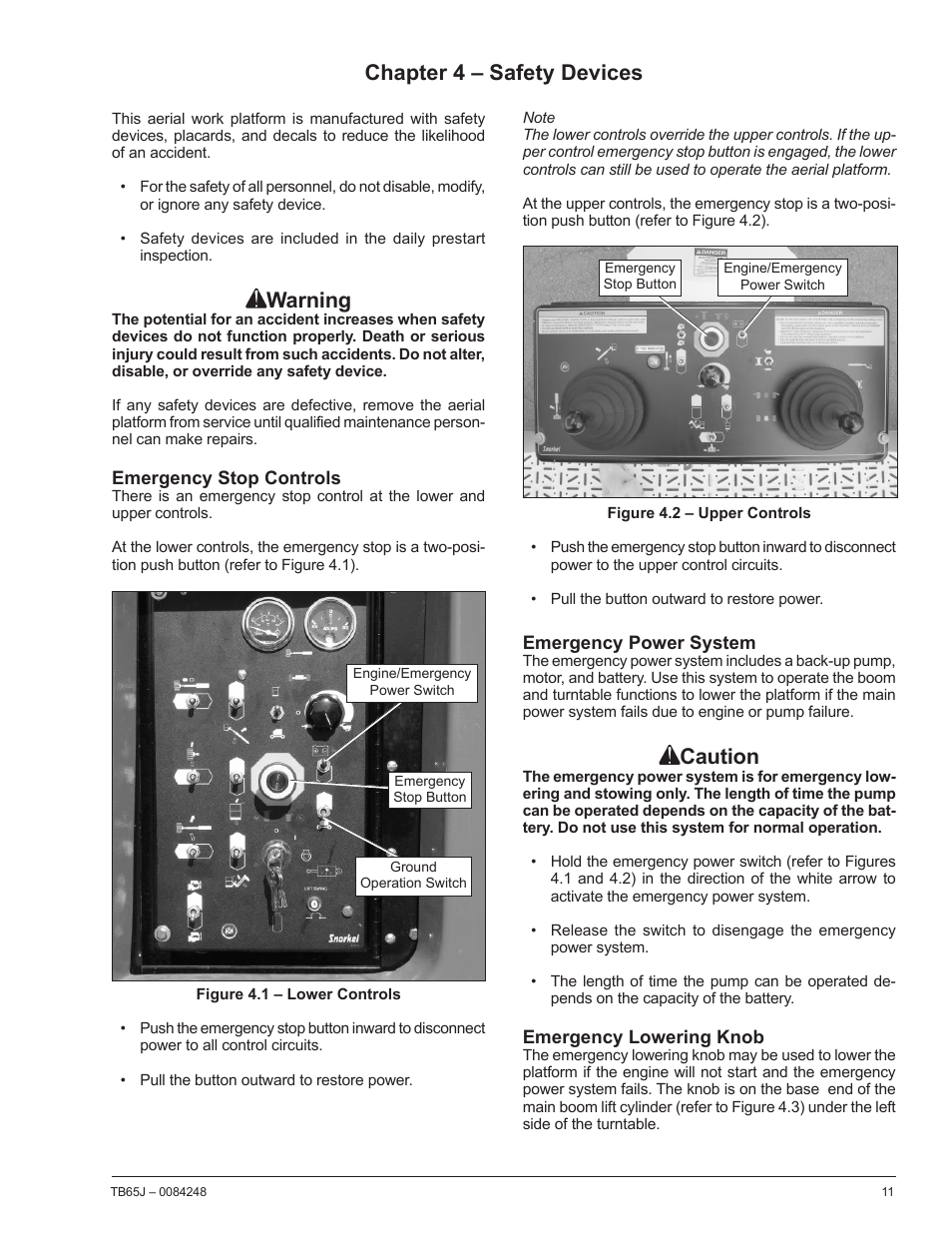 Warning, Chapter 4 – safety devices, Caution | Snorkel TB65J User Manual | Page 15 / 74