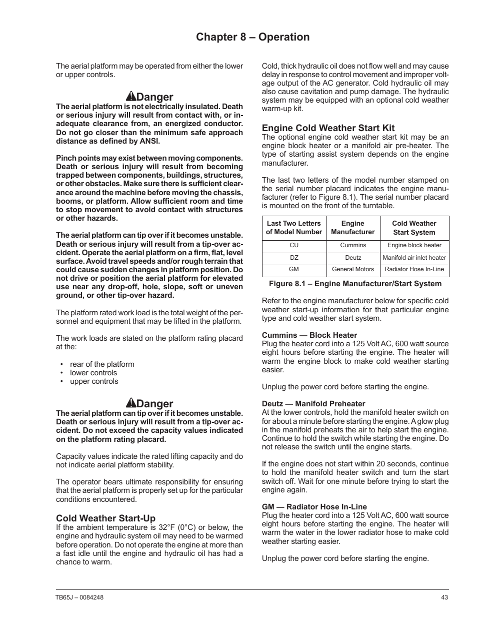 Chapter 8 – operation, Danger | Snorkel TB65J User Manual | Page 47 / 74