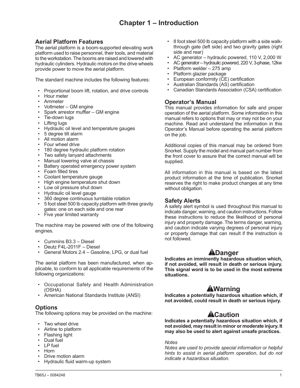 Chapter 1 – introduction, Danger, Warning | Caution | Snorkel TB65J User Manual | Page 5 / 74