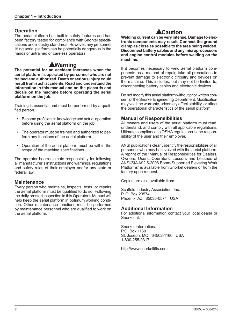 Warning, Caution | Snorkel TB65J User Manual | Page 6 / 74