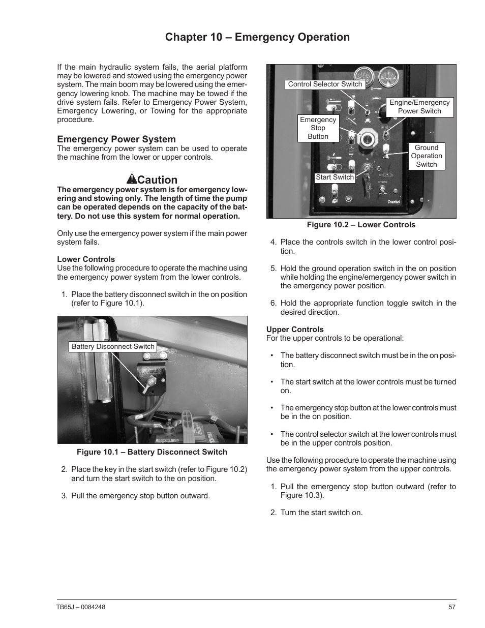 Caution, Chapter 10 – emergency operation | Snorkel TB65J User Manual | Page 61 / 74