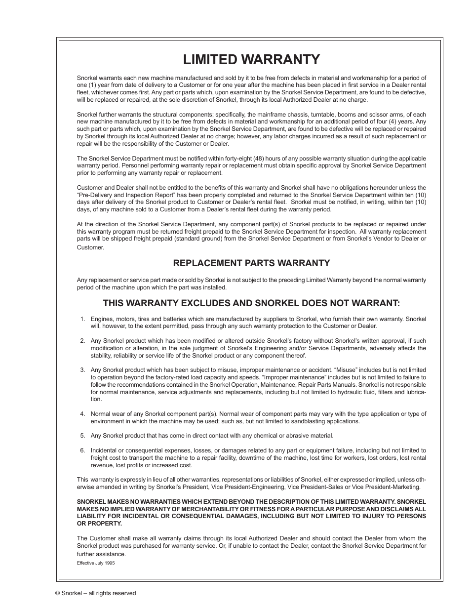 Limited warranty, Replacement parts warranty | Snorkel TB65J User Manual | Page 73 / 74