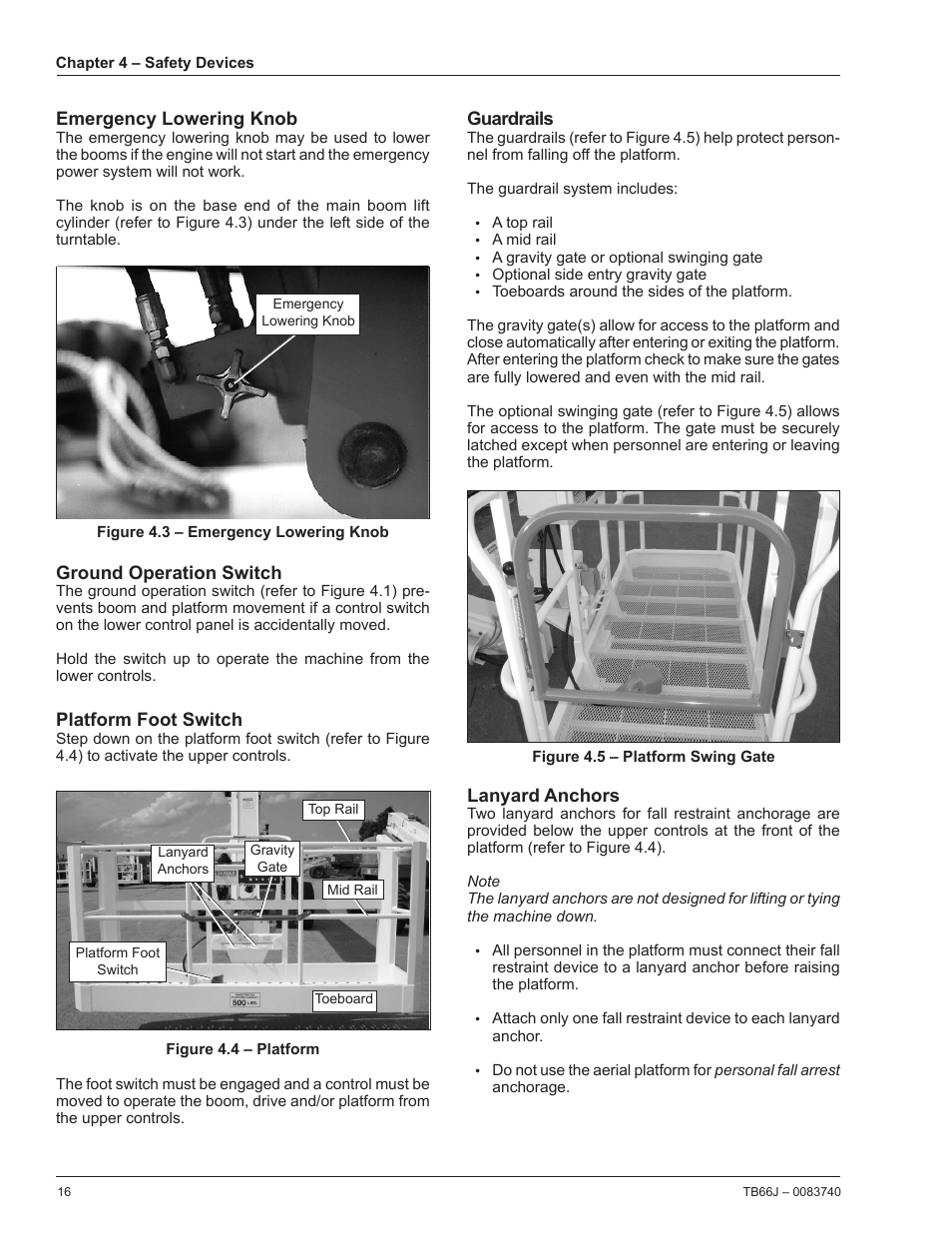 Emergency lowering knob, Ground operation switch, Platform foot switch | Guardrails, Lanyard anchors | Snorkel TB66J User Manual | Page 20 / 84