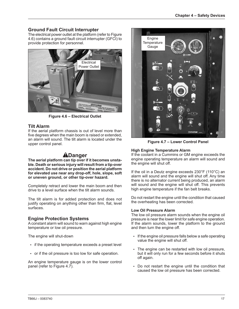 Ground fault circuit interrupter, Tilt alarm, Engine protection systems | High engine temperature alarm, Low oil pressure alarm, Danger | Snorkel TB66J User Manual | Page 21 / 84