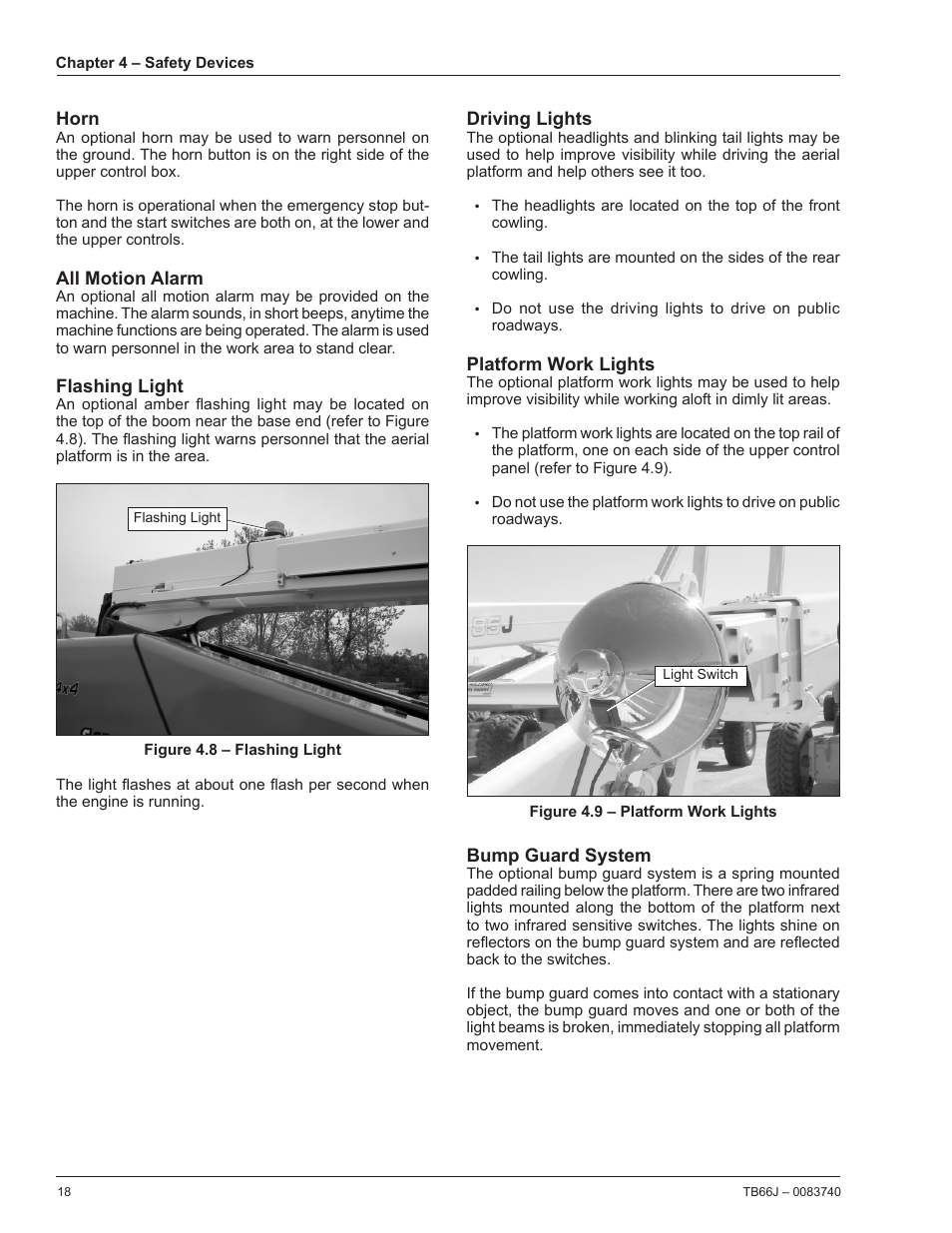 Horn, All motion alarm, Flashing light | Driving lights, Platform work lights | Snorkel TB66J User Manual | Page 22 / 84