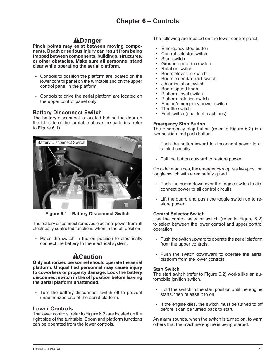 Chapter 6 – controls, Battery disconnect switch, Lower controls | Emergency stop button, Control selector switch, Start switch, Chapter 6 – controls danger, Caution | Snorkel TB66J User Manual | Page 25 / 84