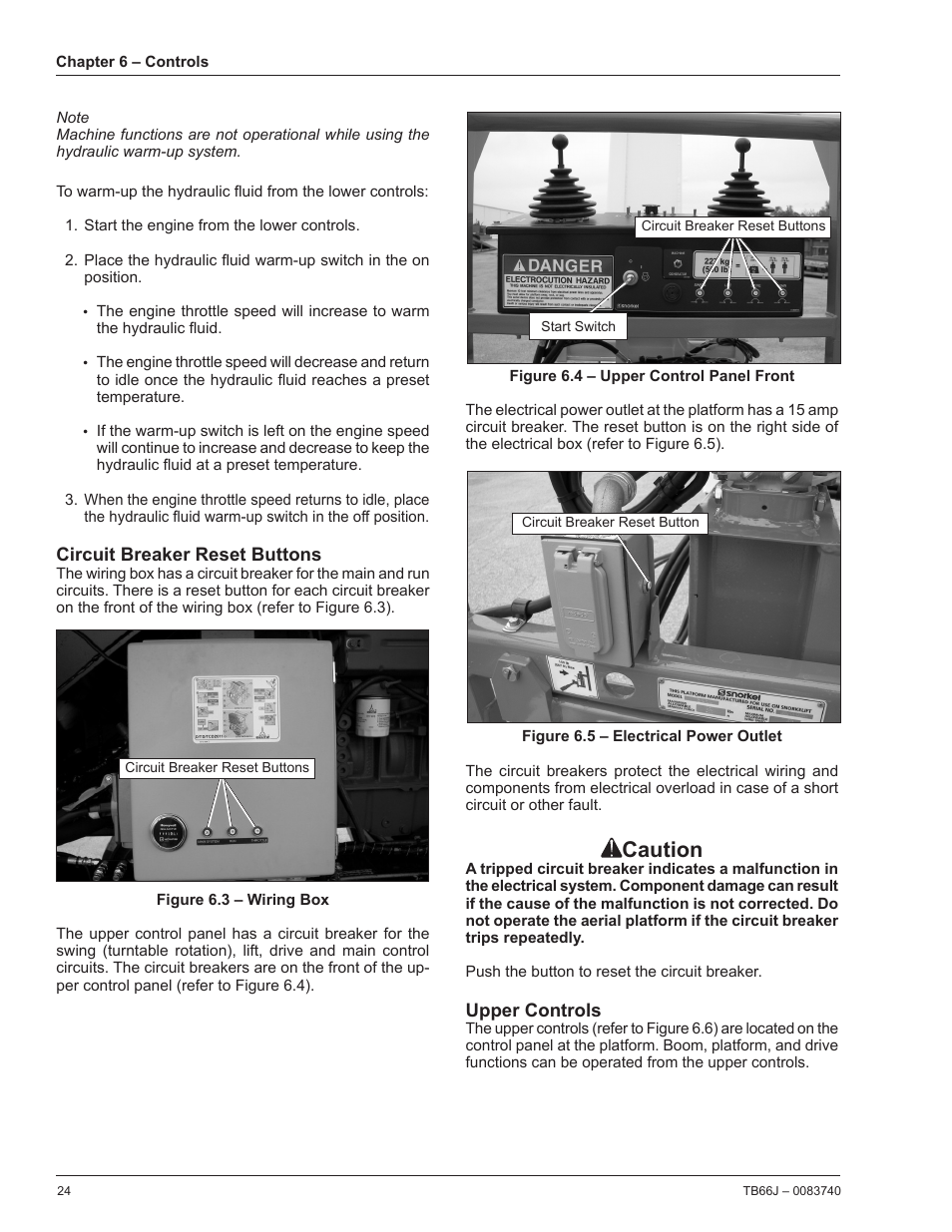 Circuit breaker reset buttons, Upper controls, Caution | Snorkel TB66J User Manual | Page 28 / 84
