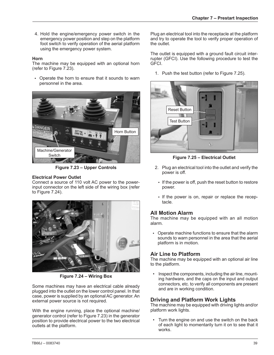 Horn, Electrical power outlet, All motion alarm | Air line to platform, Driving and platform work lights | Snorkel TB66J User Manual | Page 43 / 84
