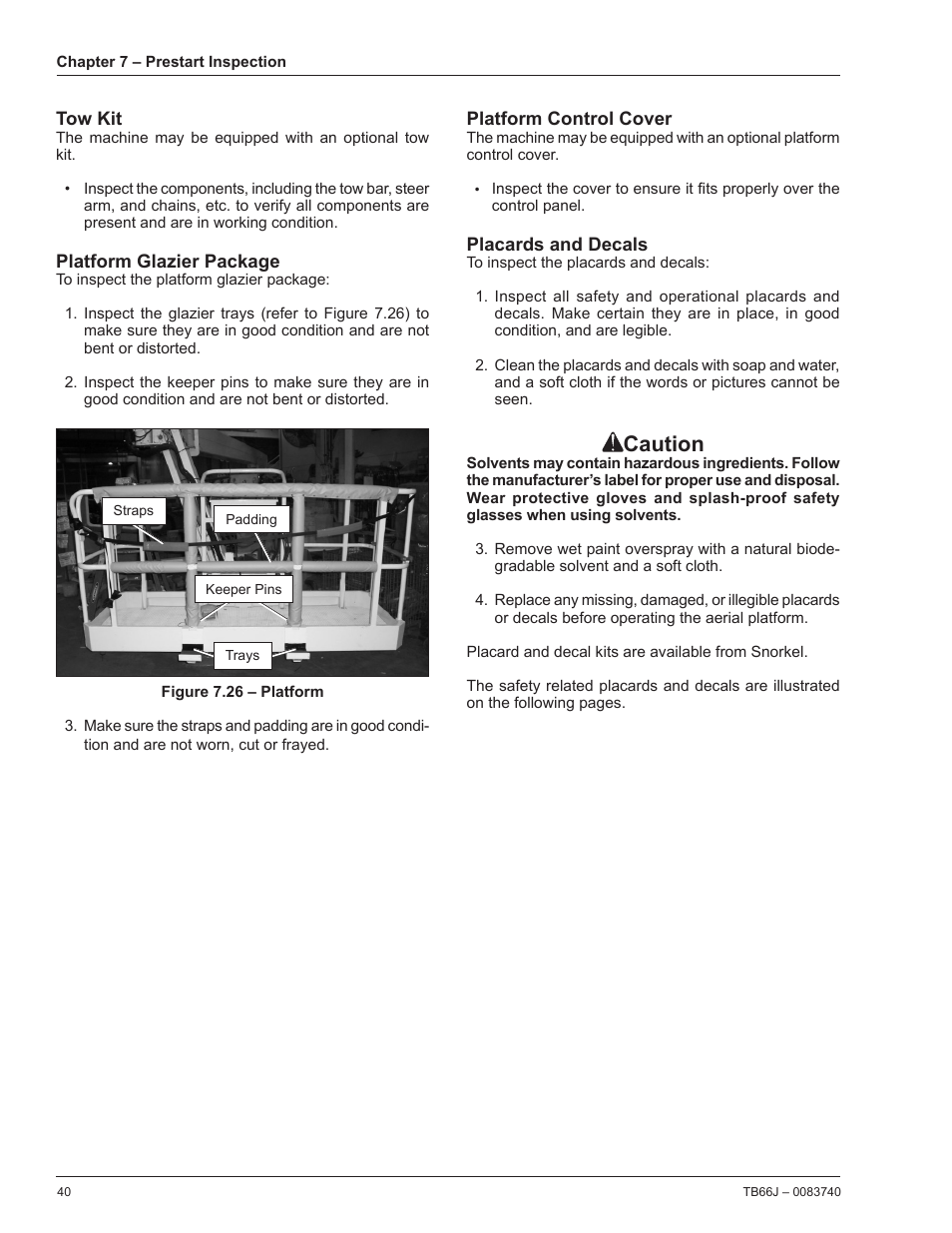 Tow kit, Platform glazier package, Platform control cover | Placards and decals, Caution | Snorkel TB66J User Manual | Page 44 / 84