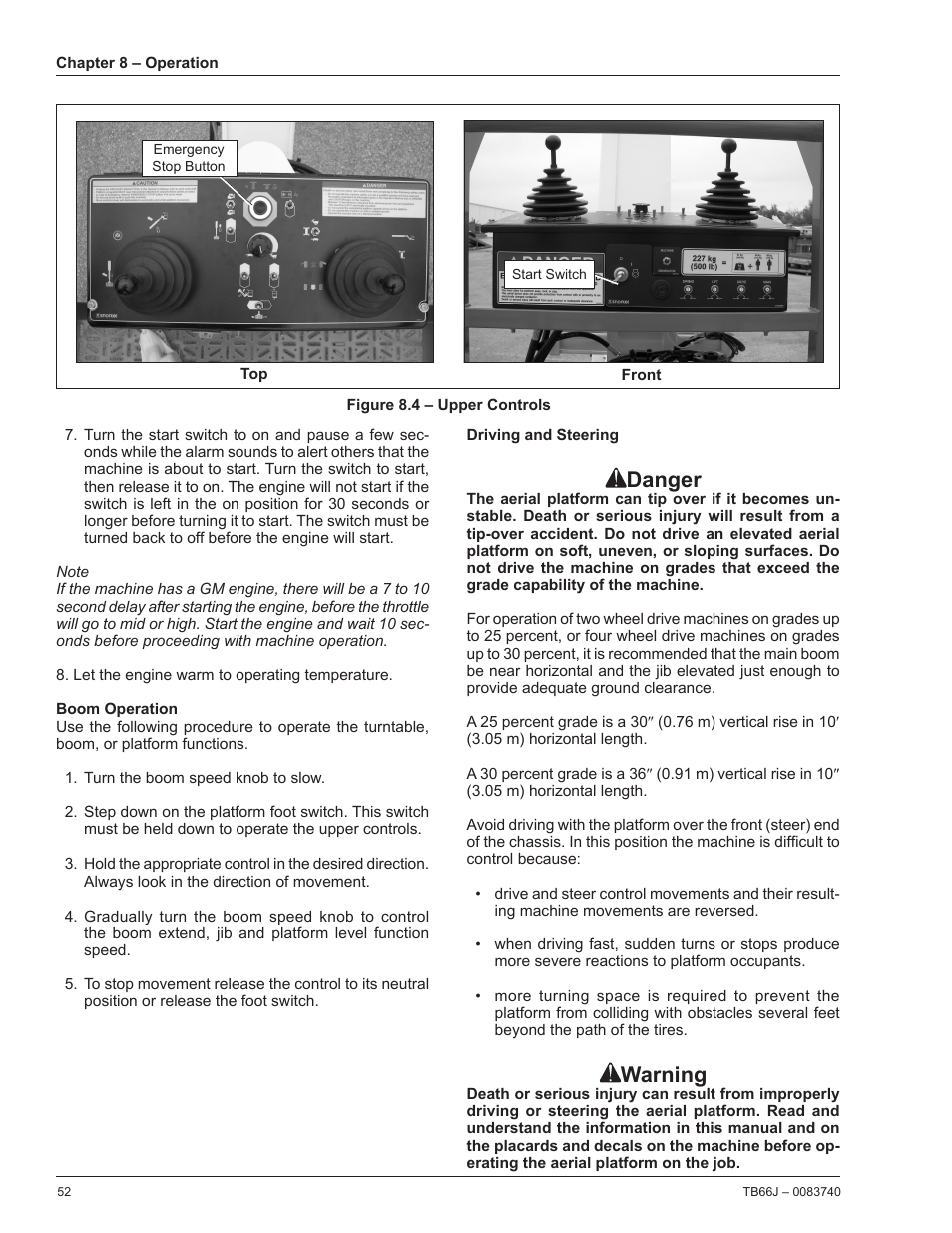 Boom operation, Driving and steering, Danger | Warning | Snorkel TB66J User Manual | Page 56 / 84