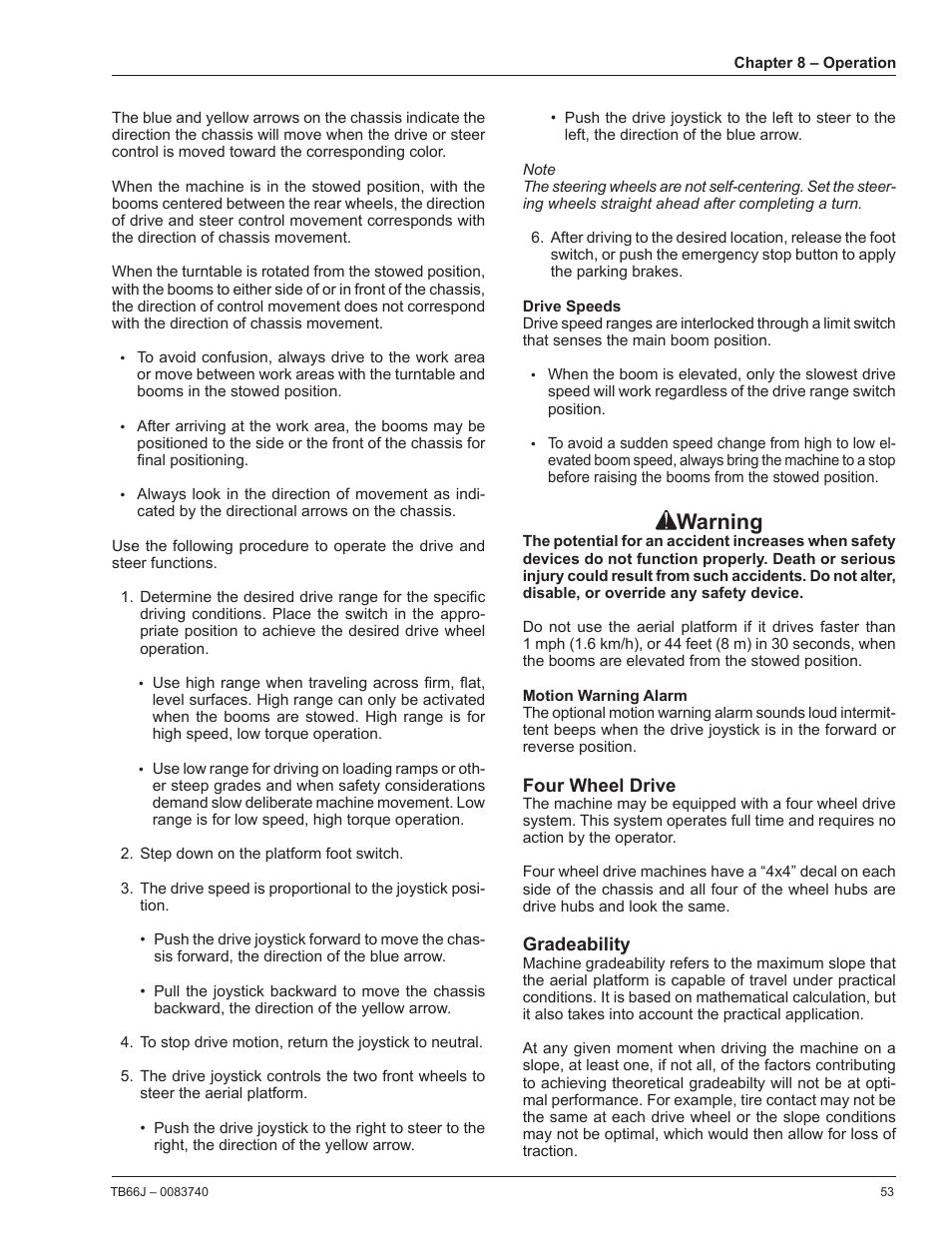 Drive speeds, Motion warning alarm, Four wheel drive | Gradeability, Warning | Snorkel TB66J User Manual | Page 57 / 84