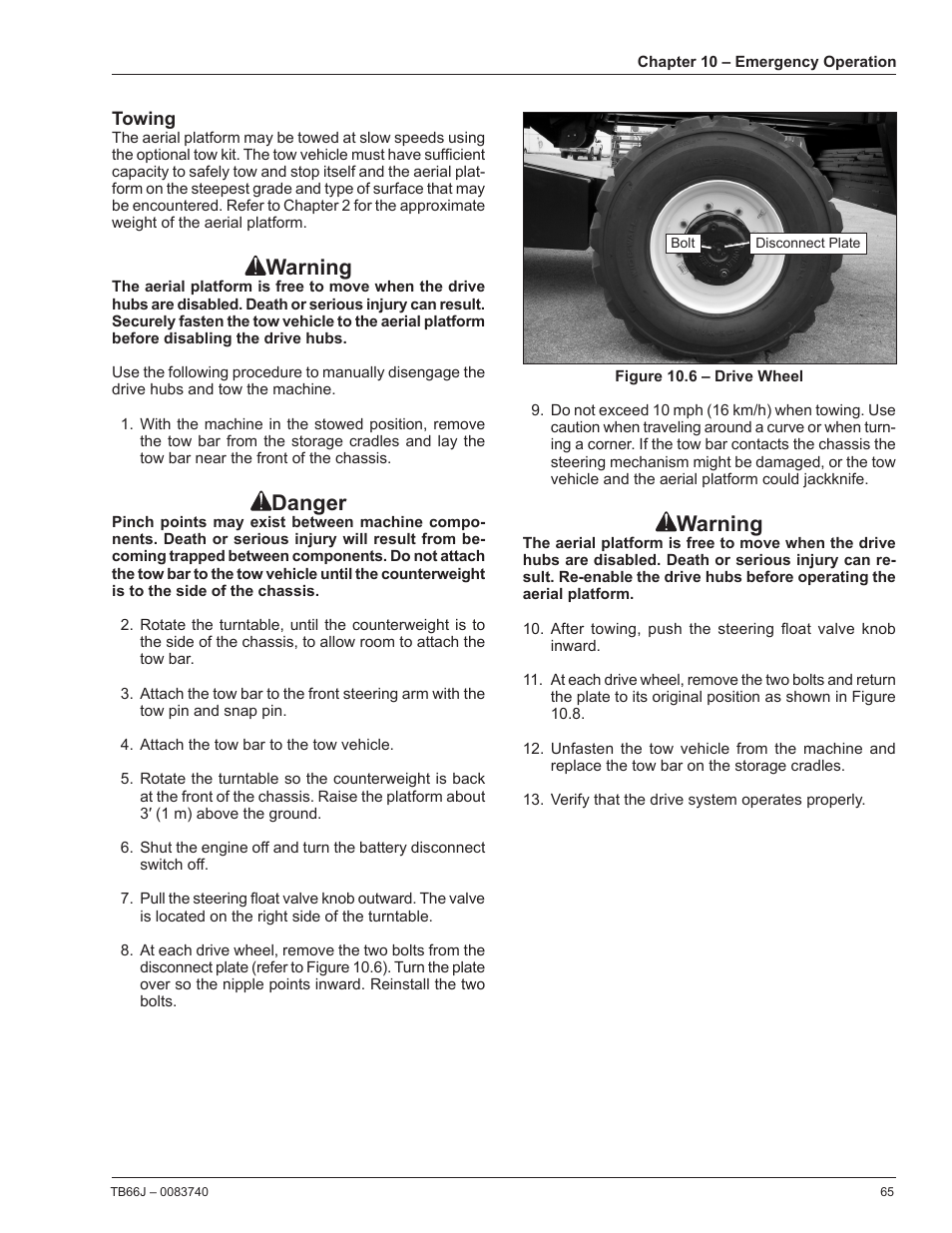 Towing, Warning, Danger | Snorkel TB66J User Manual | Page 69 / 84