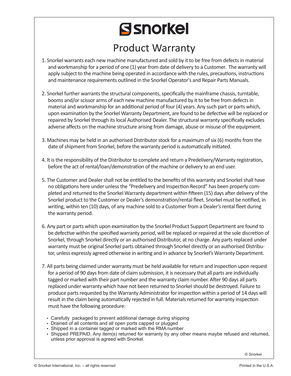 Product warranty | Snorkel TB66J User Manual | Page 79 / 84
