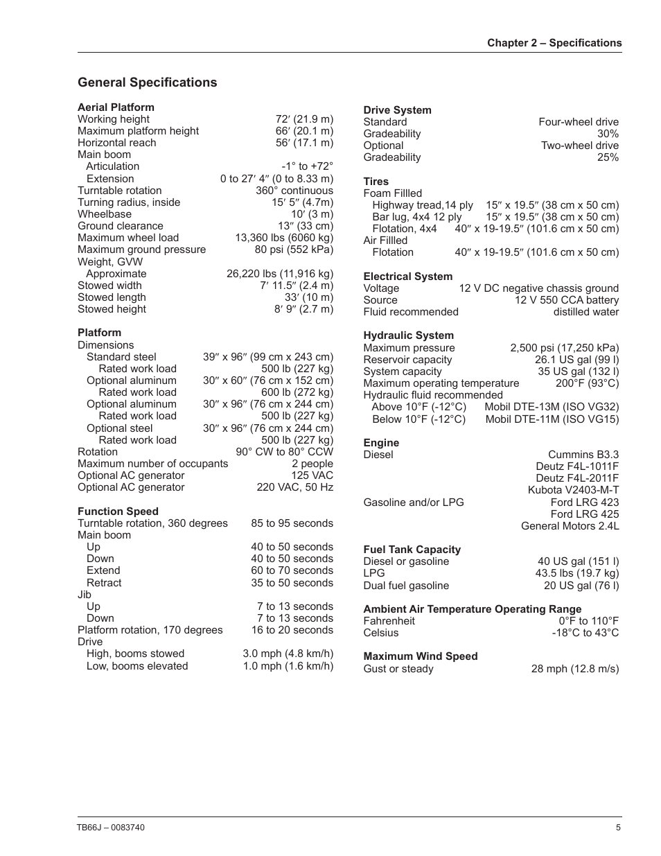 General specifications | Snorkel TB66J User Manual | Page 9 / 84