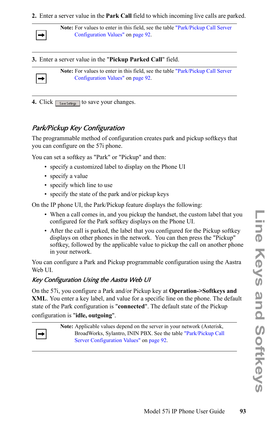 Park/pickup key configuration, Line keys and softkeys | Aastra Telecom IP Phone User Manual | Page 101 / 210