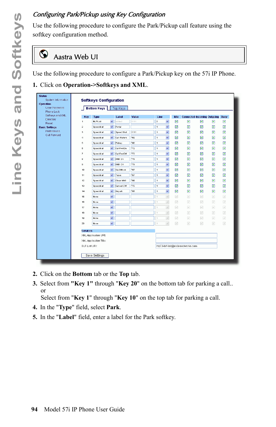 Line keys and softkeys | Aastra Telecom IP Phone User Manual | Page 102 / 210