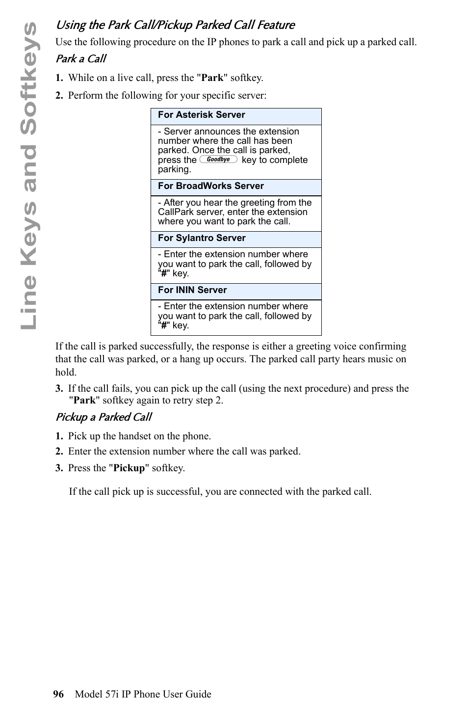 Using the park call/pickup parked call feature, Line keys and softkeys | Aastra Telecom IP Phone User Manual | Page 104 / 210