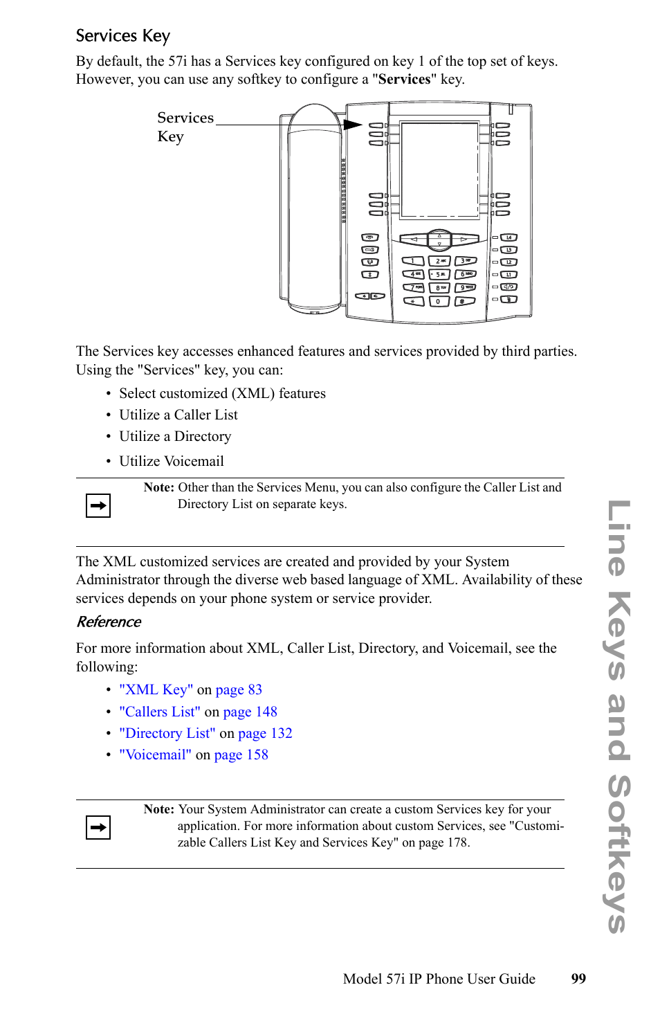 Services key, Line keys and softkeys | Aastra Telecom IP Phone User Manual | Page 107 / 210