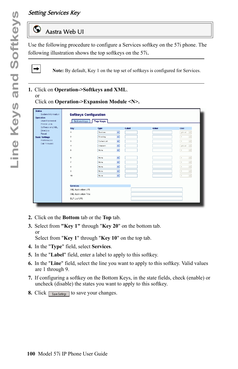 Setting services key, Line keys and softkeys | Aastra Telecom IP Phone User Manual | Page 108 / 210